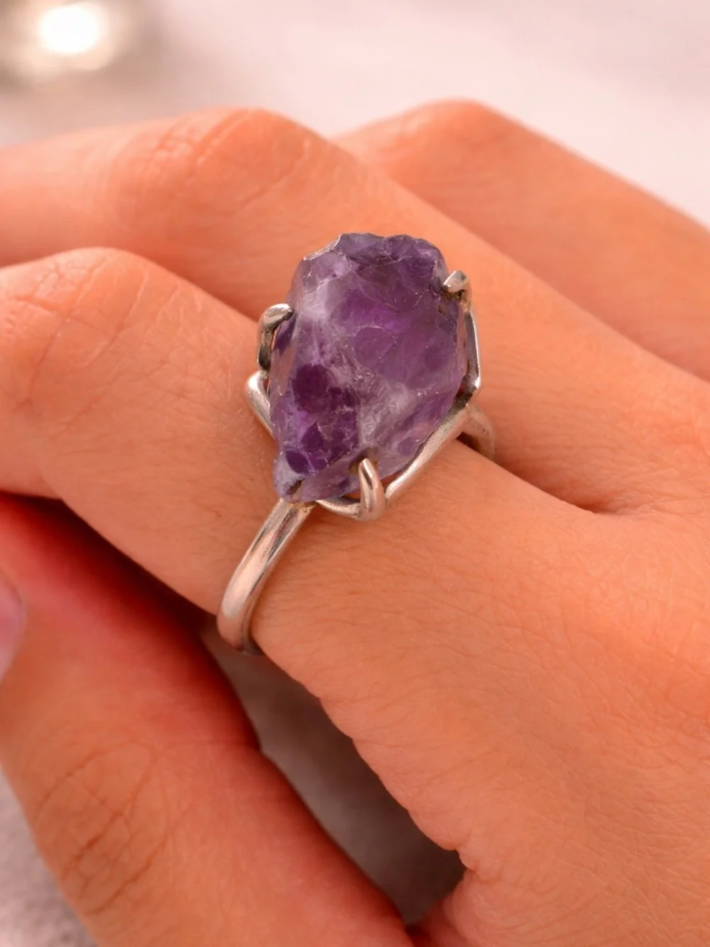 Vintage Raw Natural Amethyst Sterling Silver 925 Statement Ring Sz 8